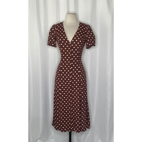 REFORMATION Locklin Dress Brown White Polka Dot Midi Au Lait Chocolate Dress 2 - Picture 3 of 15